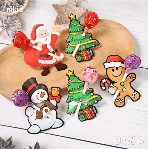 24 бр Елха Джинджифилово Човече Дядо Коледа Снежко Коледни картонени парти поставки за близалки 
