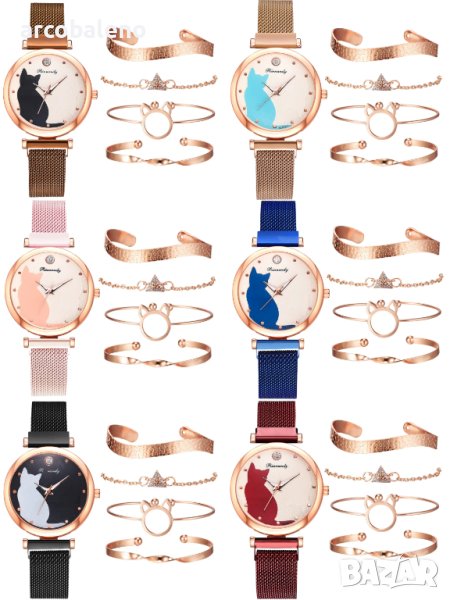 Моден дамски кварцов часовник в комплект с четири гривни, 7цвята - 023, снимка 1