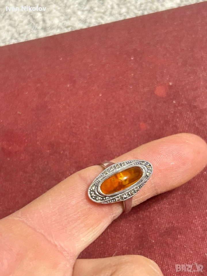 Дамски сребърен пръстен с кехлибар, снимка 1