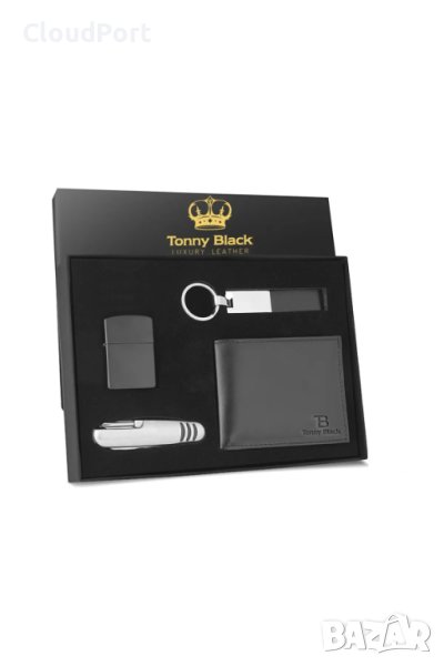 КОМПЛЕКТ ЗА МЪЖЕ, ПОРТФЕЙЛ, ДЖОБЕН НОЖ, ЗАПАЛКА, TONNY BLACK, ЧЕРЕН, снимка 1