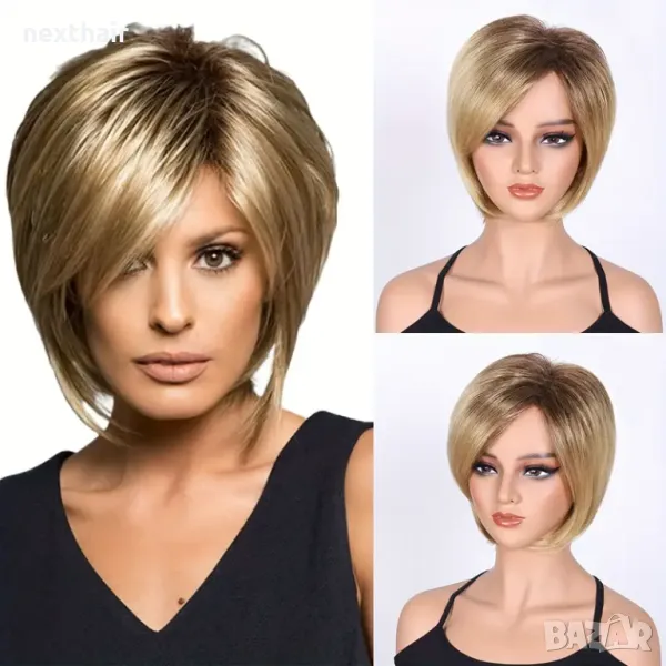 Къса дамска руса перука на пластове с тъмни корени, снимка 1