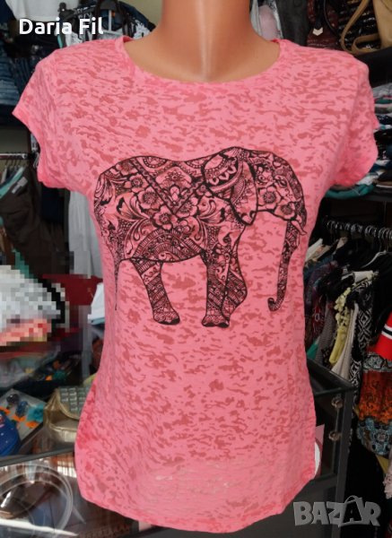 -20% Тъничка и лека розова тениска с черна щампа слонче, снимка 1
