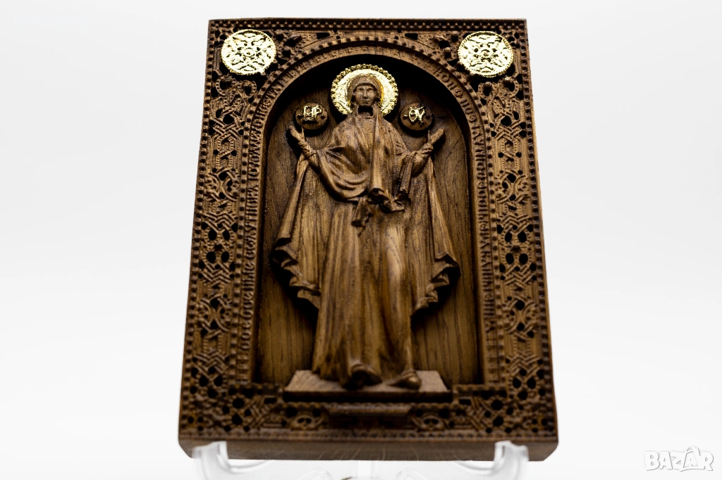 Позлатена релефна икона на Пресветата Майка Богородица, дъб, снимка 1