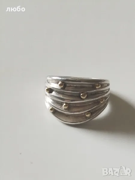 СРЕБЪРЕН ПРЪСТЕН 0,925 Със ЗЛАТНИ ТОПЧЕТА 18 К -0,750 МАРКИРАН , снимка 1