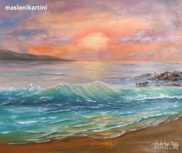 Море и вълни и слънце маслена картина , снимка 1