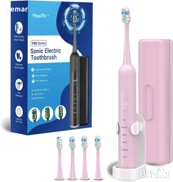 Звукова електрическа четка за зъби, 4 резервни глави, 3 нива и 5 режима, розова, снимка 1