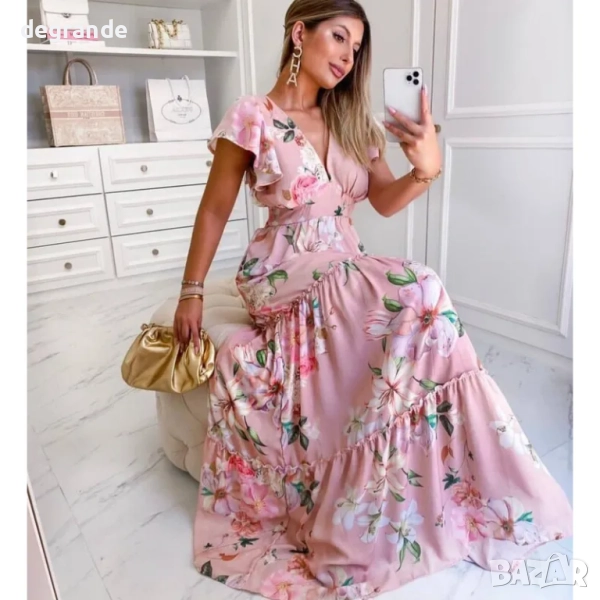 Дълга розова рокля на цветя с къс ръкав , снимка 1