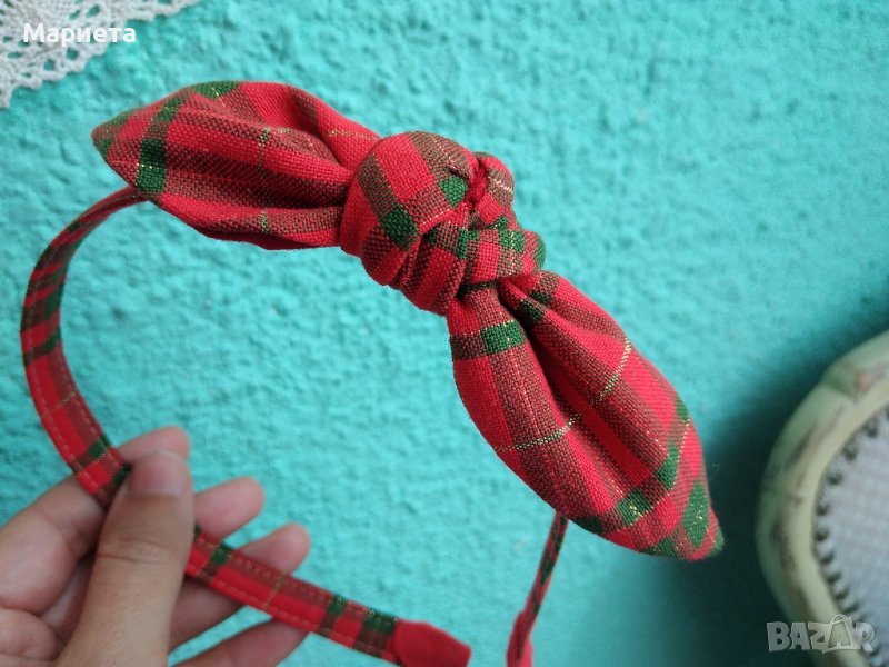 Диадема червено каре със златни нишки и зелено  Ръчна Изработка Диадема с панделка, снимка 1