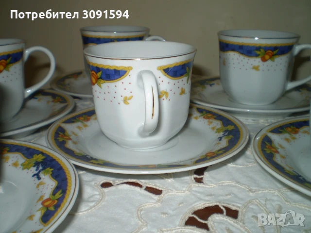 Комплект чаши за кафе Български  порцелен синя ивица златист кант , снимка 7 - Чаши - 51400676