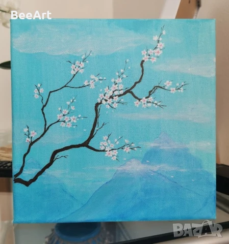Ръчно рисувана картина "Синя пролет" 🩵, снимка 2 - Картини - 51044599