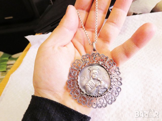 Възрожденска Сребърна икона, амулет, накит, медальон с Богородица, Дева Мария - Панагия 60 мм - Бого