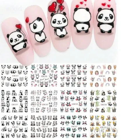 лист 12 в 1 вида панда панди слайдер татос ваденки водни стикери за нокти маникюр