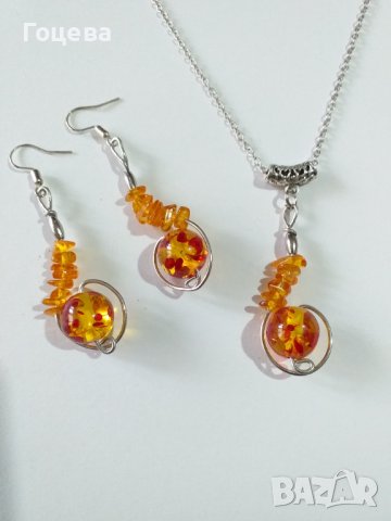 Разкошен Кехлибарен Арт комплект бижута обици и колие , снимка 6 - Бижутерийни комплекти - 39328884