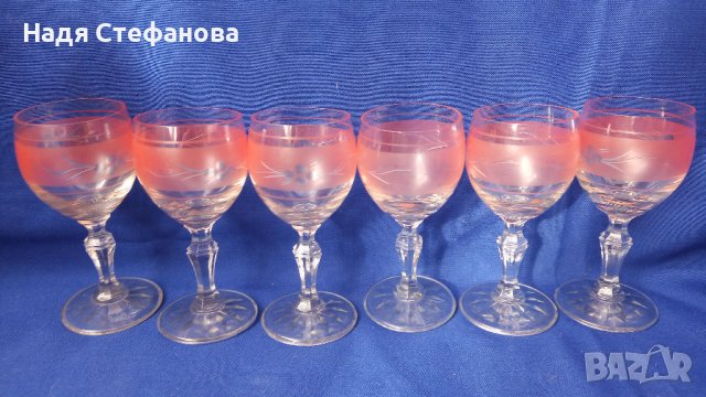 Разкошни ретро ракиени чаши, калиево стъкло, ръчна гравюра – 6 бр