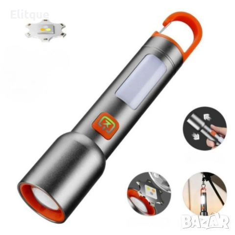 Презареждащ се LED фенер с висока яркост – USB Type-C, мащабируем лъч, компактен дизайн с карабинер, снимка 3 - Лед осветление - 52819982