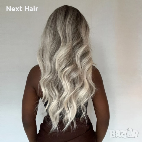 Омбре перука със средна дължина — тъмни корени и пепеляво светлоруси краища, чуплива текстура, снимка 2 - Аксесоари за коса - 52897865