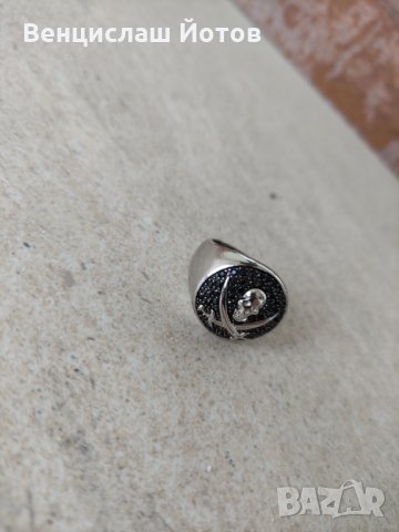 Сребърен пръстен с камъни череп и кости, снимка 6 - Пръстени - 33990035