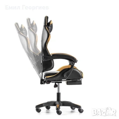 Черен геймърски стол с златисти акценти и разтегляема поставка за крака – луксозен комфорт без компр, снимка 6 - Столове за офис - 53237446