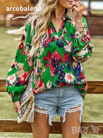 Дамска блуза с флорален принт и V-образно деколте, 4цвята - 023, снимка 5 - Блузи с дълъг ръкав и пуловери - 42038517