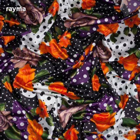 Италиански еластичен сатен принт точки и цветя, снимка 3 - Платове и дамаски - 50431475