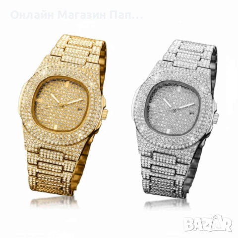 Луксозен мъжки кварцов часовник – Стоманен спортен модел със синтетични диаманти и календар