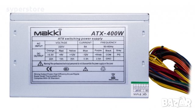 Захранване за настолен компютър Makki ATX400 Сребристо 400W 120mm Вентилатор, снимка 2 - Захранвания и кутии - 34420850