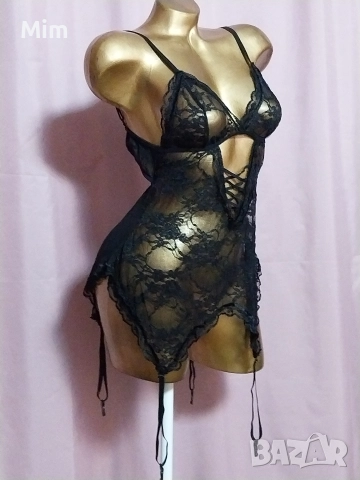 L Черна дантелен / корсет / нощница с жартиери за чорапи , снимка 2 - Корсети, бюстиета, топове - 52925051