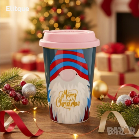 Порцеланова Коледна чаша със силиконов капак, снимка 3 - Чаши - 52503608