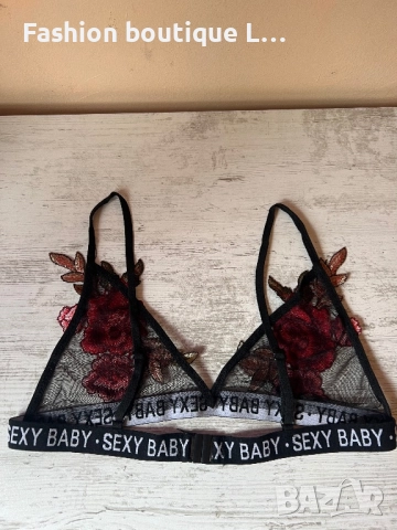 Ново черно бюстие с бродерия червени цветя и ластик с надпис sexy baby с регулиращи се презрамки 🖤, снимка 6 - Бельо - 52186886
