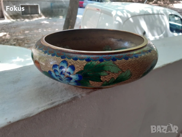 Клоазоне - Страхотна стара купа бронз емайл, снимка 3 - Антикварни и старинни предмети - 53323567
