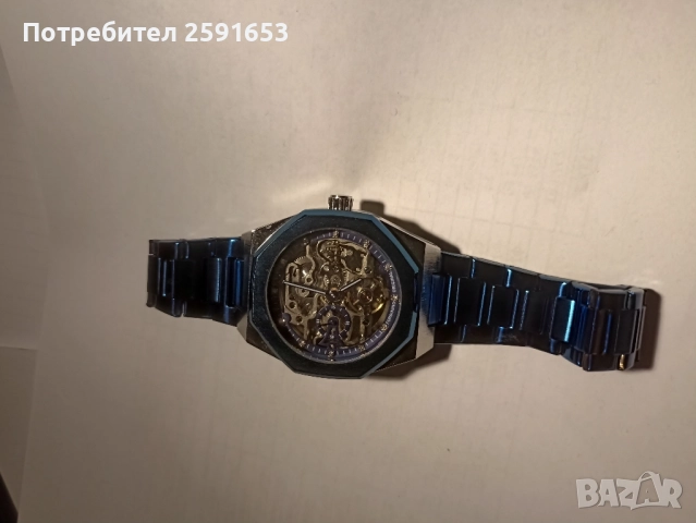Автоматичен часовник тип скелетон в син цвят, снимка 8 - Мъжки - 52310704