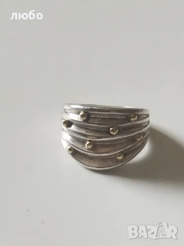 СРЕБЪРЕН ПРЪСТЕН 0,925 Със ЗЛАТНИ ТОПЧЕТА 18 К -0,750 МАРКИРАН , снимка 1