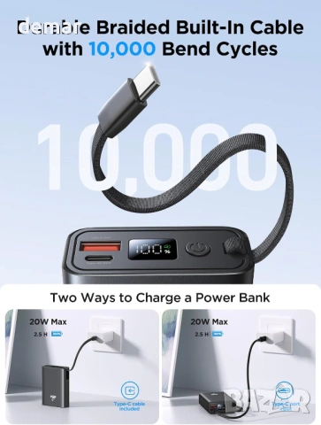 Външна батерия Aioneus 35W, преносимо зарядно устройство с вграден USB-C кабел, PD&QC, снимка 3 - Външни батерии - 53656792