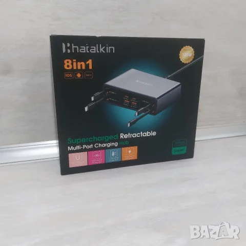 Мултифункционална Зарядна Станция 8-в-1 Hatalkin 105W GaN с 4 Прибиращи се Кабела (НОВА), снимка 2 - Оригинални зарядни - 56256011