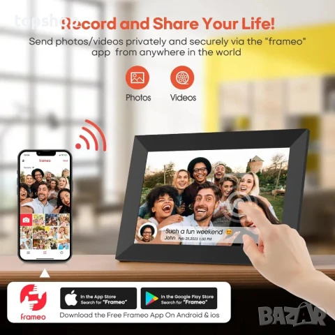 Цифрова фоторамка с меню на БЪЛГАРСКИ Frameo-10.1" WiFi IPS сензорен екран 1280 * 800, 32GB памет, снимка 2 - Друга електроника - 50502593