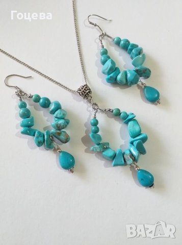 Уникално красив Бохо комплект обеци и колие с естествени Тюркоази. , снимка 2 - Бижутерийни комплекти - 41146171