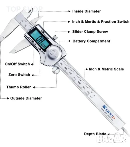 Дигитален шублер Kynup, 6-инчов измервателен инструмент от неръждаема стомана, IP54, снимка 3 - Куфари с инструменти - 48932470