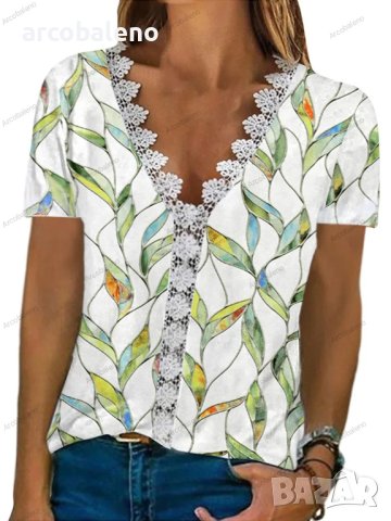 Удобна ежедневна дамска тениска с V-образно деколте и къс ръкав, 6цвята - 023, снимка 2 - Тениски - 41046822