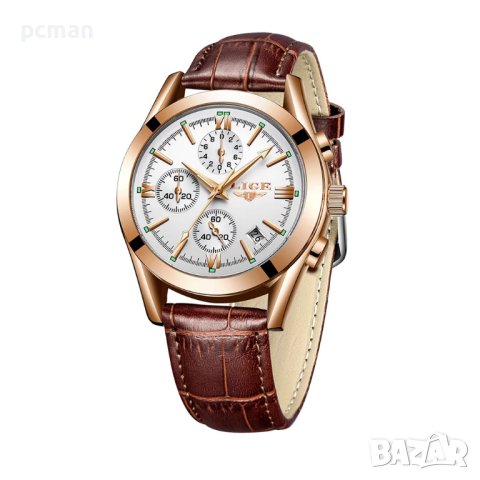 LIGE White Gold 9839 Луксозен мъжки кварцов часовник с кожена каишка, снимка 6 - Мъжки - 40445330