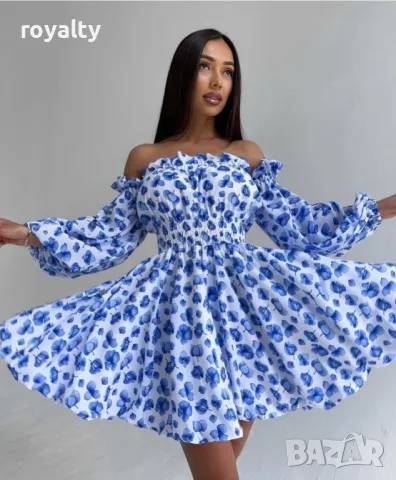 Ефектна синя рокля с паднали рамене Различни цветове , снимка 6 - Рокли - 49824186