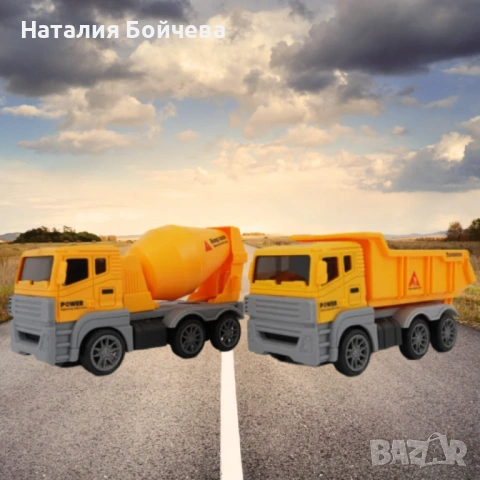 Комплект жълти строителни камиони с въртяща се цистерна и повдигаща се каросерия, снимка 5 - Коли, камиони, мотори, писти - 53386034