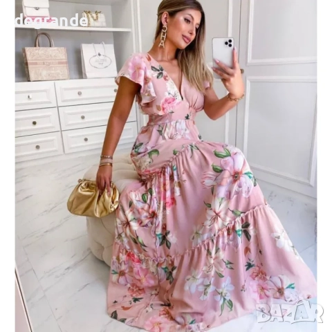 Дълга розова рокля на цветя с къс ръкав 