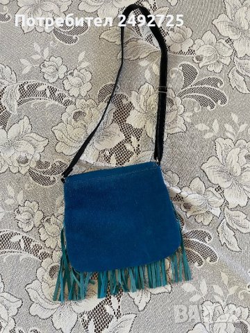 Чанта естествен велюр, ново, кожена, синя, с ресни, снимка 2 - Чанти - 40180300
