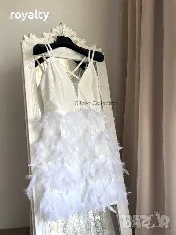 Бяла рокля с естествени пера , снимка 3 - Рокли - 49492478