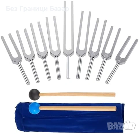 Нов Камертон сет за йога медитация рейки 9 броя 174–963Hz + калъф + чукче