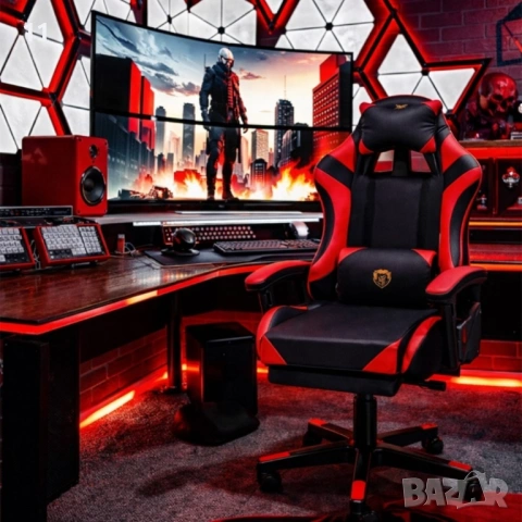 Удобен геймърски стол с поставка за крака и масажна лумбална възглавница, Черно-червен, снимка 3 - Столове - 53446250