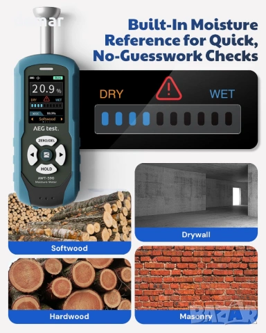 AWT-590 Акумулаторен безщифтов влагомер за дърво, гипсокартон и зидария, снимка 5 - Други стоки за дома - 53647533
