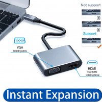 USB C към HDMI VGA адаптер - USB C сплитер - 4K HDMI 1080p VGA, снимка 6 - Други - 39897317