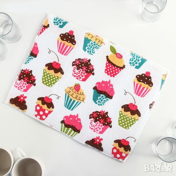 2368 Микрофибърна подложка за сушене на чаши 37x30cm, Кексчета, снимка 1