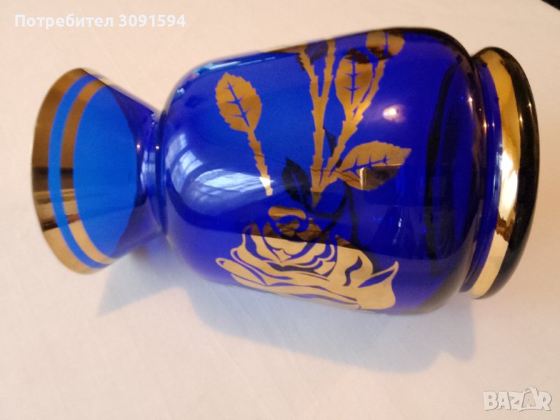 Синя и златна кристална стъклена ваза Бохемия, снимка 1